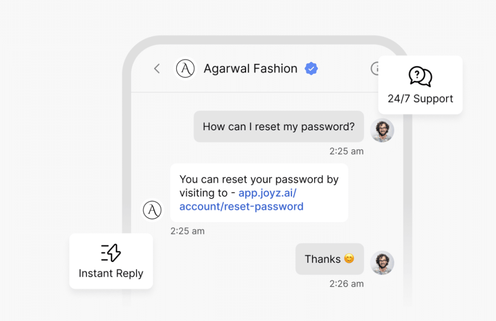 Chat screen showing JoyzAI's instant support features