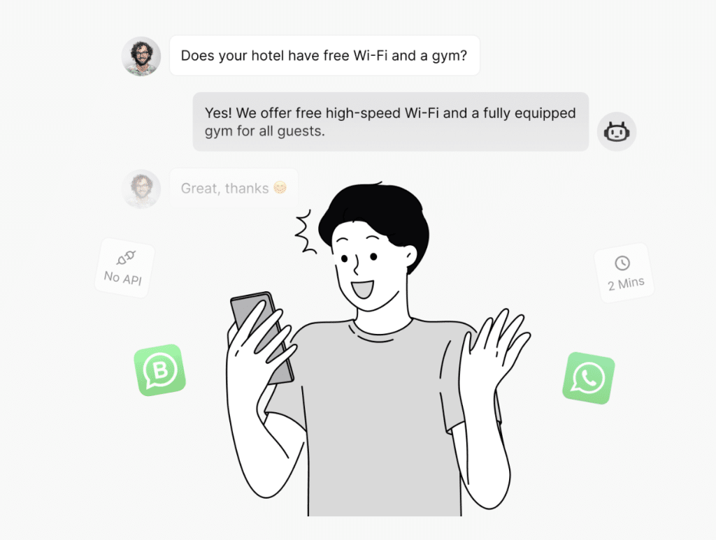 Hotel guest chatting with a customer support chatbot on the phone