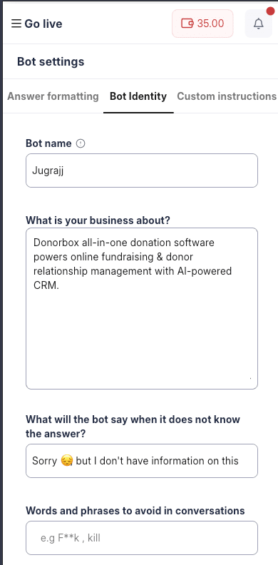 Chatbot identity settings, name, and business context