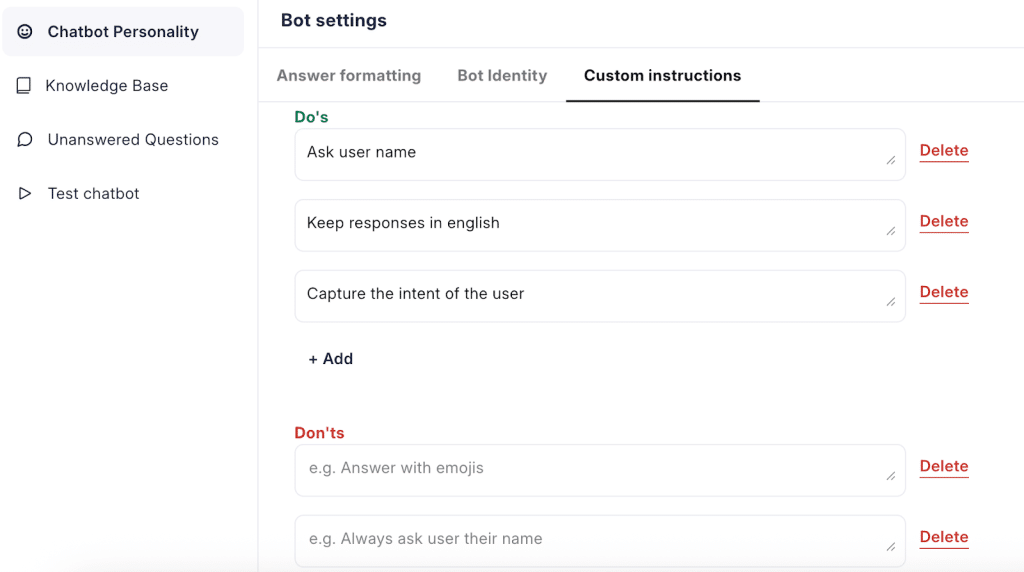 Chatbot custom instructions for do's and don'ts