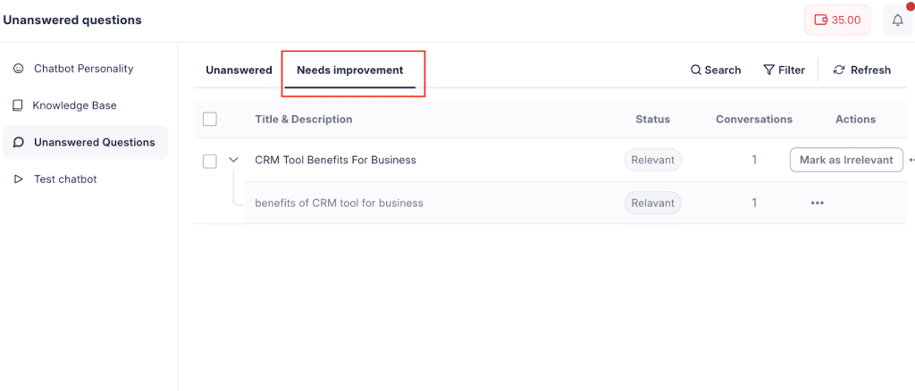 Chatbot "Needs Improvement" tab for low-quality responses