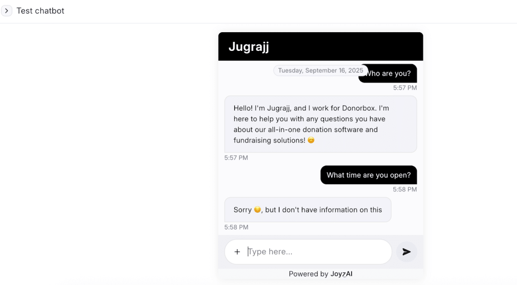 Test the chatbot conversation and its response capabilities