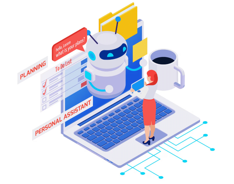 Isometric illustration of a woman using an AI assistant on a laptop