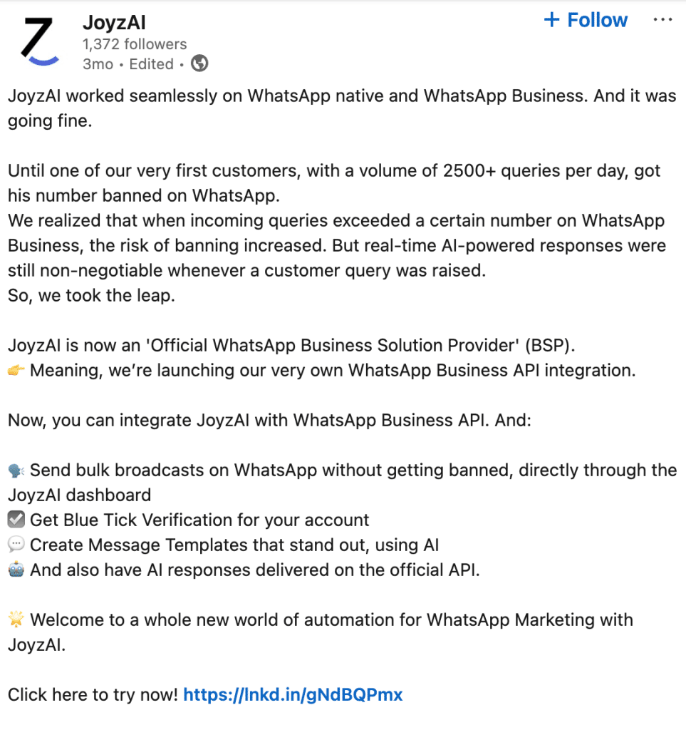 JoyzAI LinkedIn post about becoming WhatsApp BSP after query issue