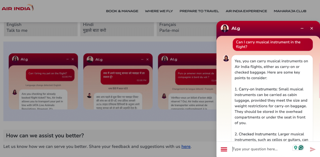 Air India website chatbot