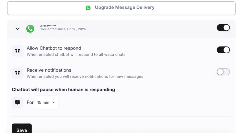 JoyzAI settings for chatbot response and human handover pause