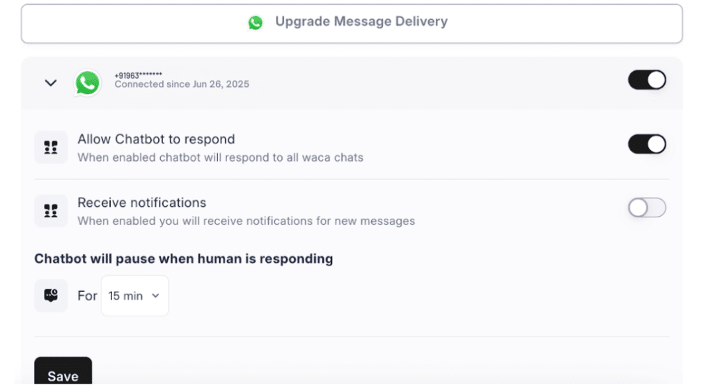 JoyzAI settings for chatbot response and human handover pause