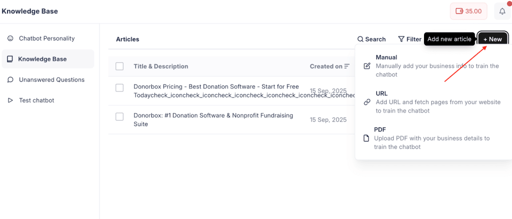 JoyzAI Knowledge Base dashboard for chatbot training