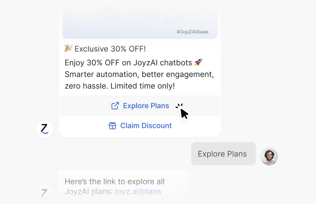 JoyzAI chatbot displays an exclusive 30% off offer and a link