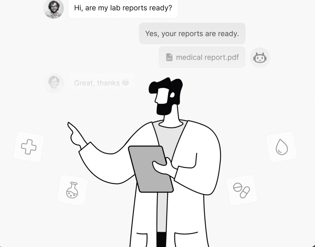 Chatbot conversation showing lab report status and PDF file