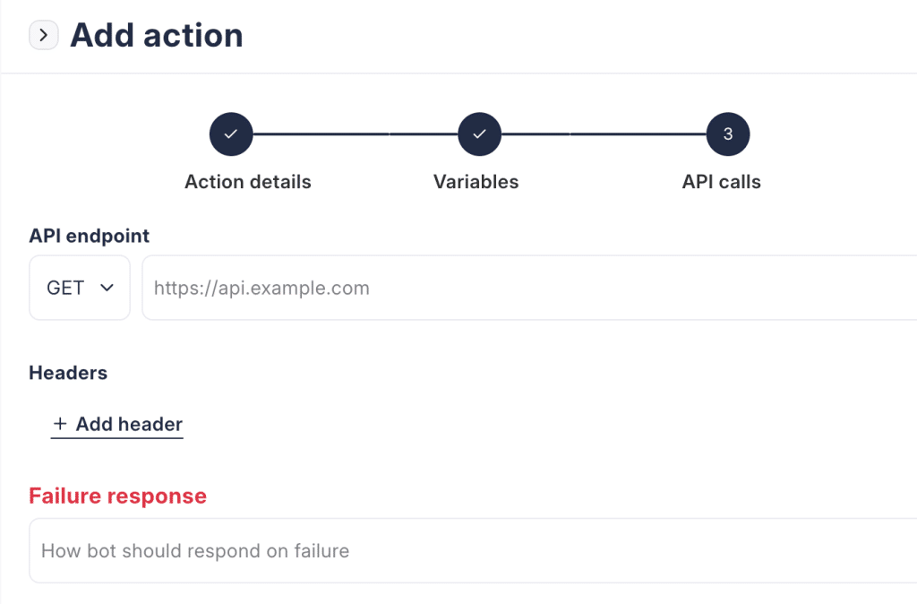 JoyzAI screen to add an action with API endpoint details