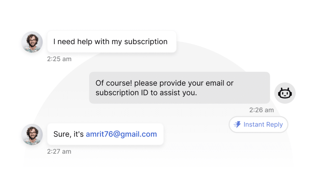 Chatbot conversation requesting an email for subscription help