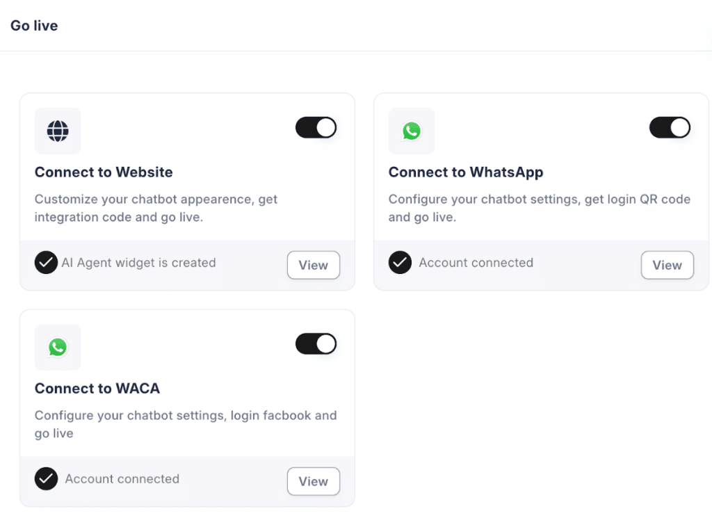 JoyzAI "Go live" screen showing website and WhatsApp setup