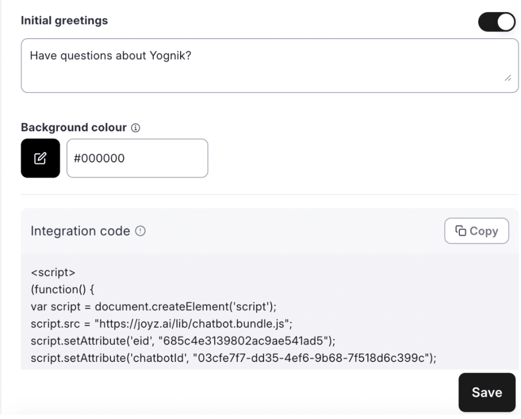 JoyzAI settings showing custom greeting and integration code
