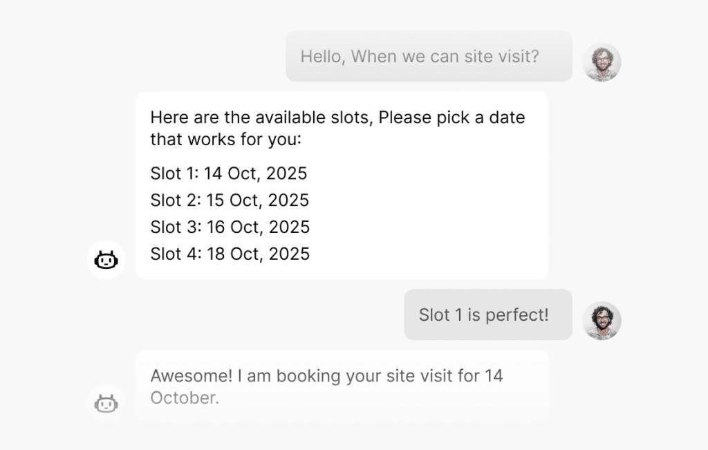 Chatbot conversation showing available slots for a site visit