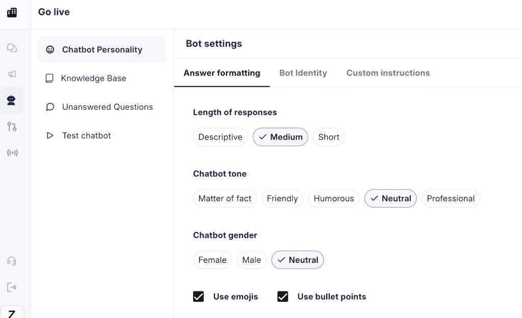Chatbot personality settings, including tone and length
