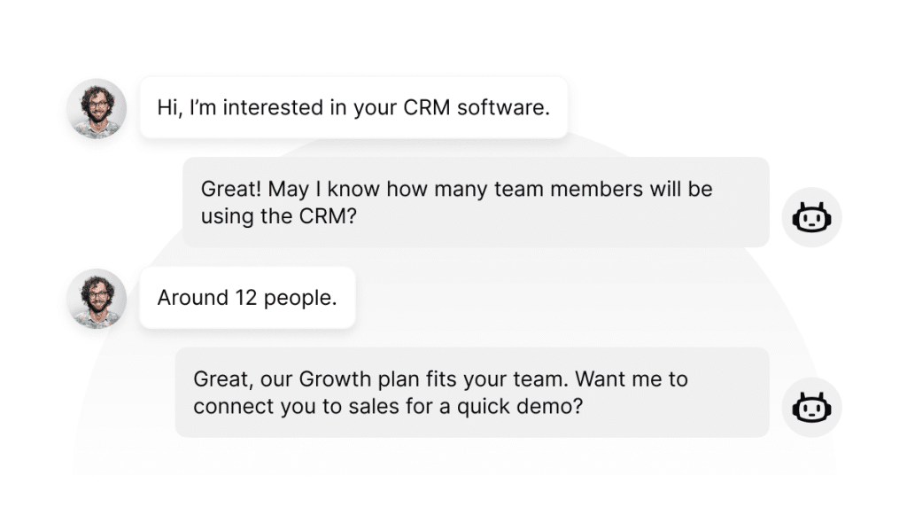 JoyzAI chatbot qualifies a lead and recommends a CRM plan