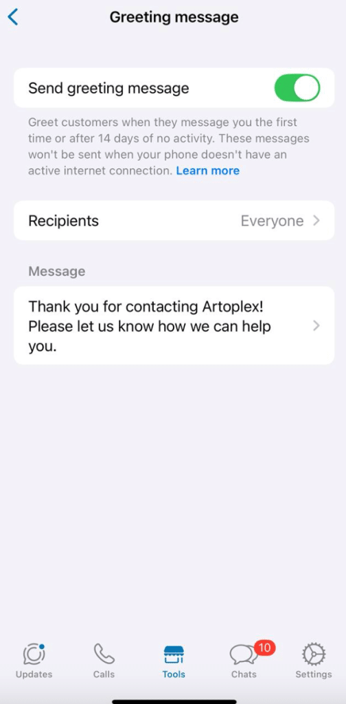 WhatsApp Business App’s greetings automation