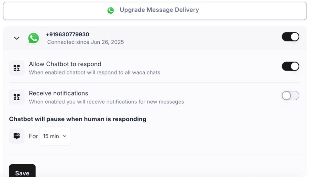 JoyzAI settings for chatbot response and human handover pause