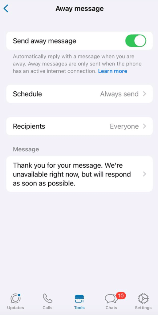WhatsApp Business App’s away message automation