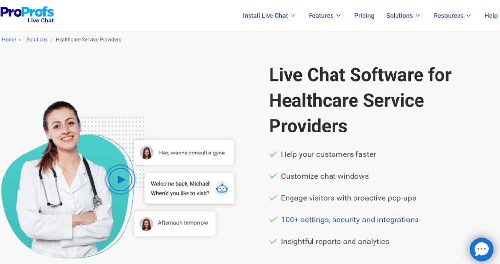 ProProfs Chat widget on a healthcare website