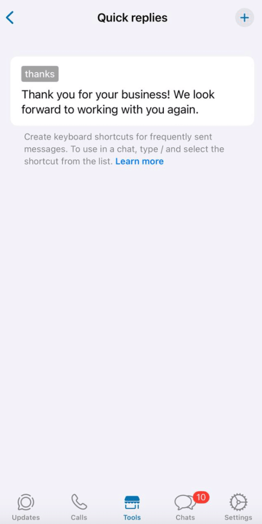WhatsApp Business App’s quick reply settings