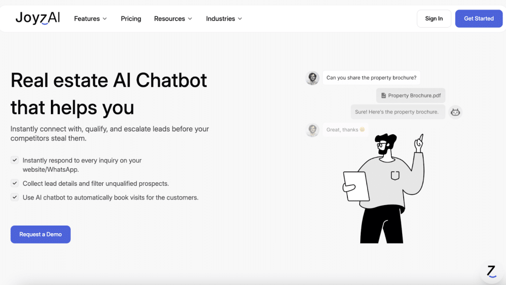 JoyzAI real estate AI chatbot landing page with lead automation features