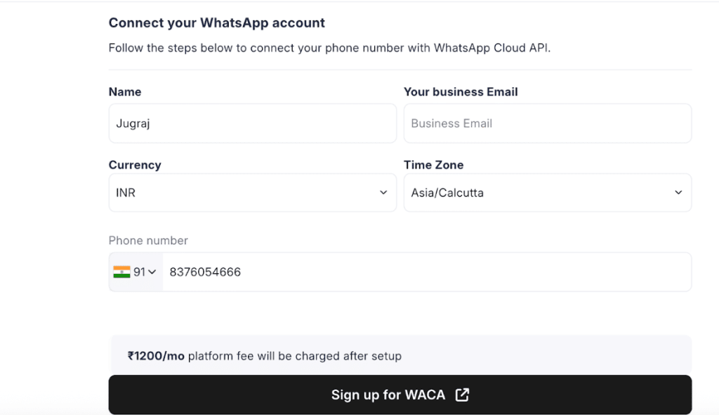 Connect your WhatsApp account using the API form