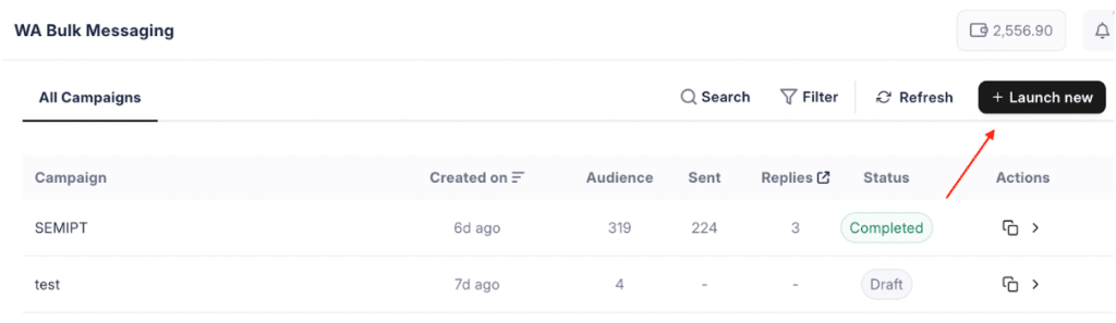 Launch a new WhatsApp bulk messaging campaign from the dashboard