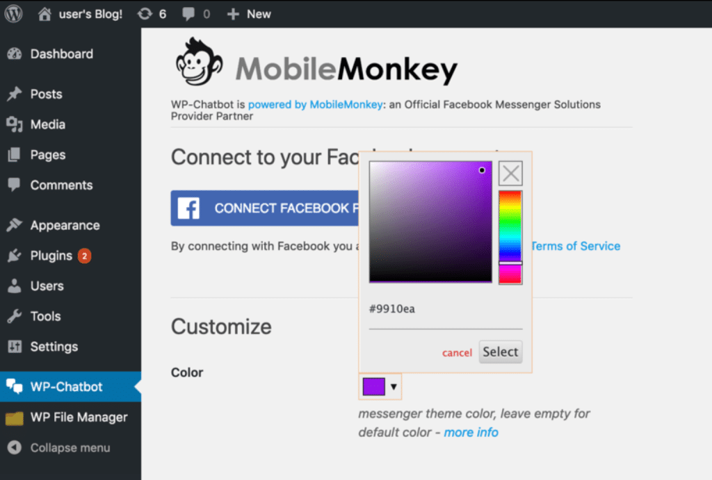Install WP-Chatbot for live Messenger chat on WordPress