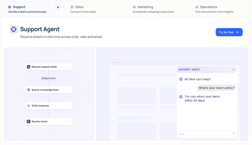 Lindy is an AI agent that can resolve tickets in real time across chat, calls and email.
