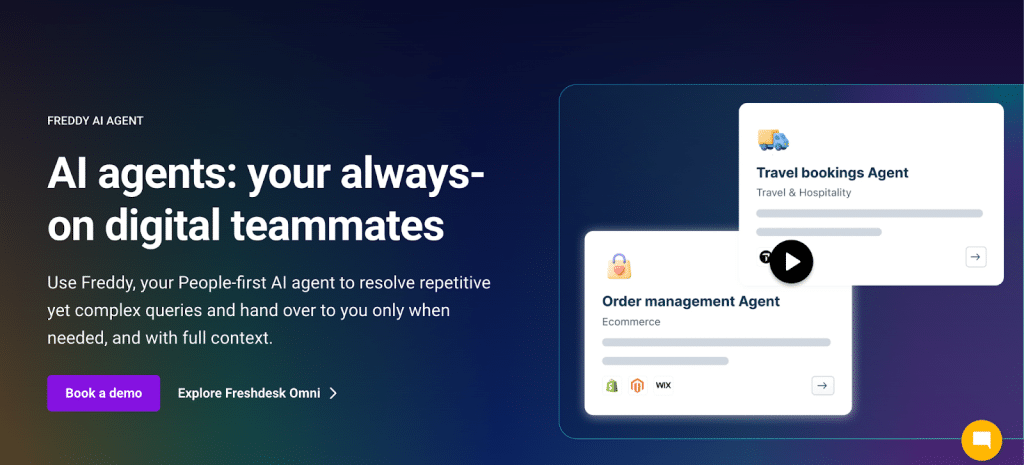 The Freddy AI Agent can resolve repetitive yet complex queries and reach out to human agents when needed, with full context.