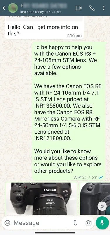 An automated reply created with business AI on WhatsApp Business to answer a shopper's query about photography equipment.