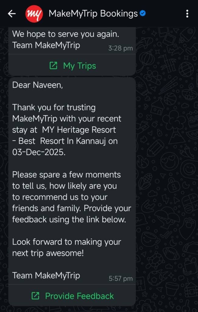 Travel booking app MakeMyTrip's WhatsApp message asking for feedback about a customer's recent hotel booking.