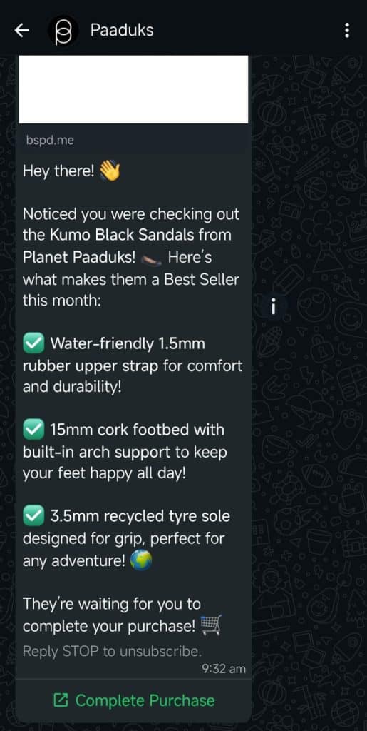 An abandoned cart message on WhatsApp that nudges a shopper to buy the product they're interested in.