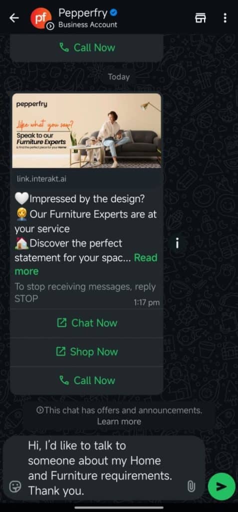 A personalised WhatsApp marketing message that taps into customer behaviour.